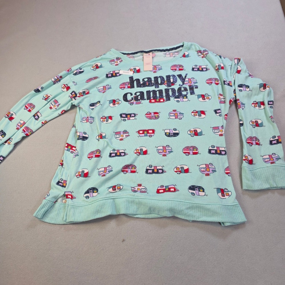 Secret Treasures Happy Camper Pajama Top Mint Green Retro Print Size M 8-10